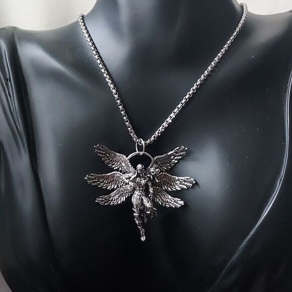 Six Winged Warrior Angel Stainless Steal Unisex Pendant Necklace - Picture 1 of 6